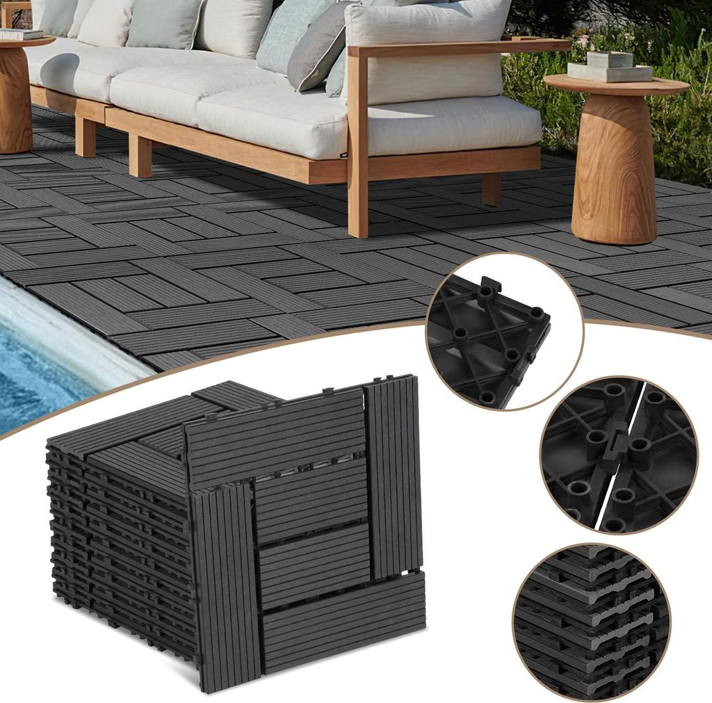 Izrielar WPC Terrassenfliesen, 30x30 cm, 33er Spar Set für 3m², Anthrazit in Holzoptik, für Garten Balkon Bodenbelag mit Drainage und Klicksystem