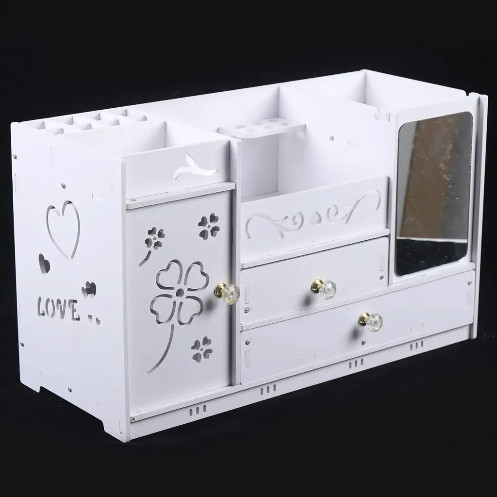 Rangement maquillage et bijoux pour coiffeuse avec miroir blanc PVC