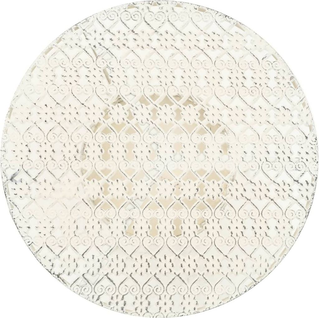 A round, white metal bistrot table with a vintage-style pattern, shown from a top-down perspective against a white background.