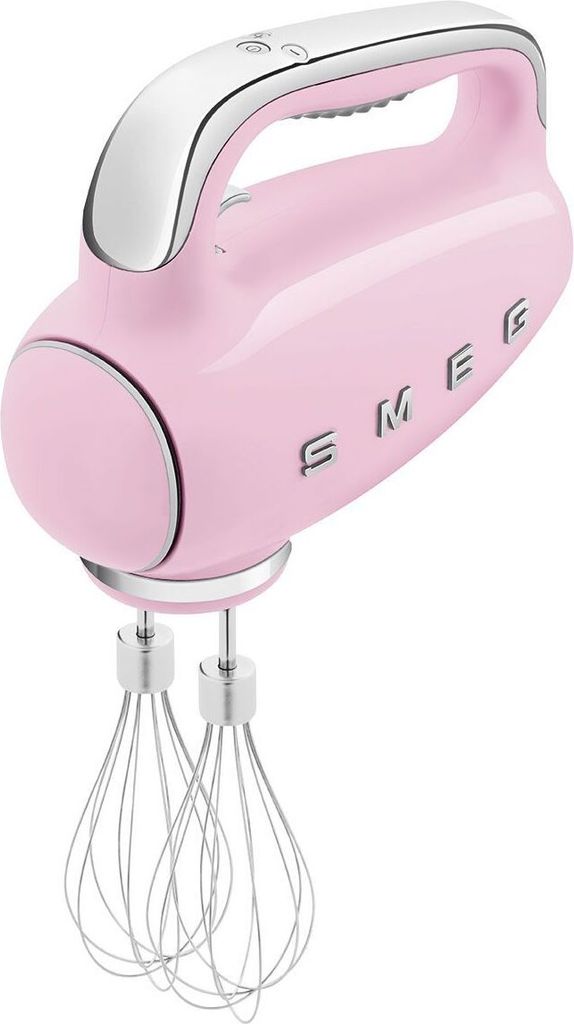 A pink Smeg hand mixer with silver accents and beaters is shown against a white background.