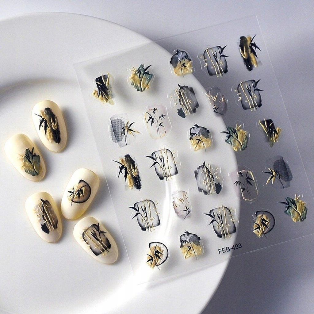 GOLDENE 3D Nagelsticker Selbstklebend Konvexe Muster BLUMEN BAMBUS