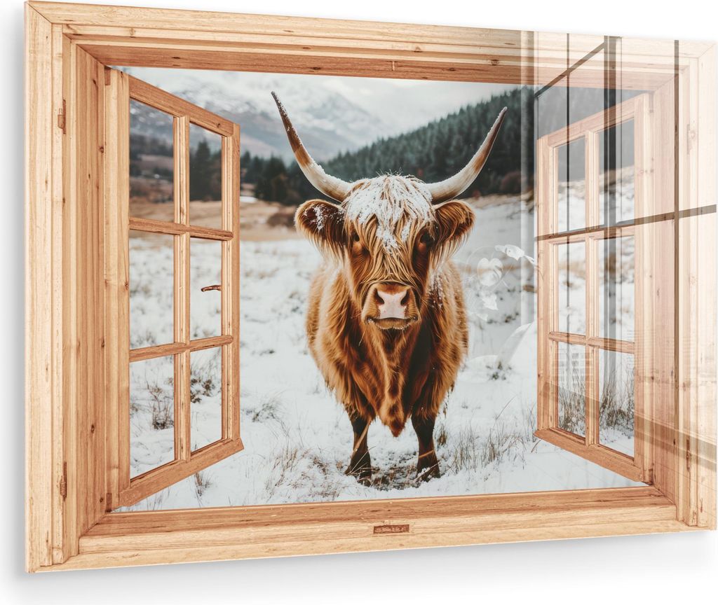 MuchoWow Glasbilder - Bilder auf Wandbild - Foto auf Glas Schottische Hochlandrind - Landschaft - Ländlich - Berge - Winter - Ansichten 90x60 cm W...
