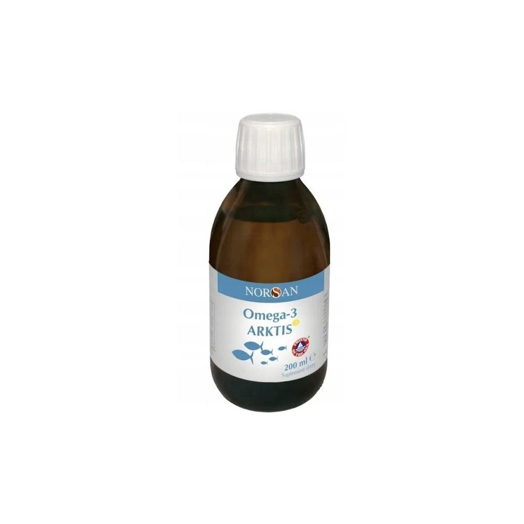 A bottle of Norsan Omega-3 Arktis fish oil with a label.