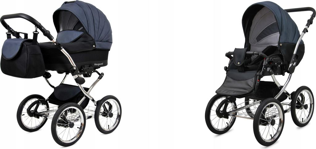 A collage of two images showing a baby stroller from different angles.
