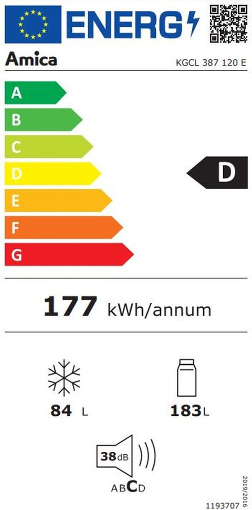 Amica KGCL 387 120 E, 268 l, SN-ST, 38 dB, 3,9 kg/24h, D, Edelstahl