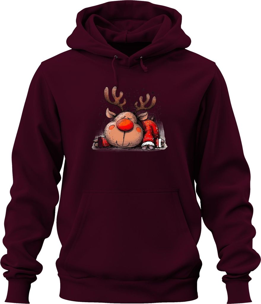 Rudolph Rentier schlafend rote Nase Weihnachten Geschenk Retro Uni Hoodie Kapuzenpullover, Burgundy, L