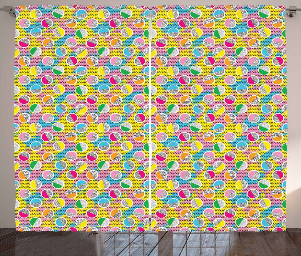 ABAKUHAUS Bunt Rustikaler Gardine, Memphis Style Circles 80er Jahre, Schlafzimmer Kräuselband Vorhang mit Schlaufen und Haken, 280 x 225 cm, Mehrf...