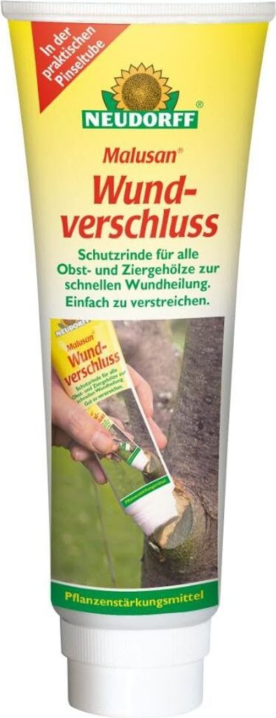 A tube of Neudorff Malusan Wundverschluss, a plant wound sealant, with a small inset image showing its application.
