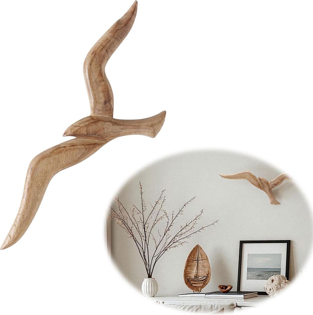 LS-LebenStil Wand-Deko Vogel 46cm Möwe Braun Holz Maritim Wand-Objekt Wand-Hänger Deko-Figur Wohn- Schlaf- Badezimmer Flur Dekoration zum Aufhängen