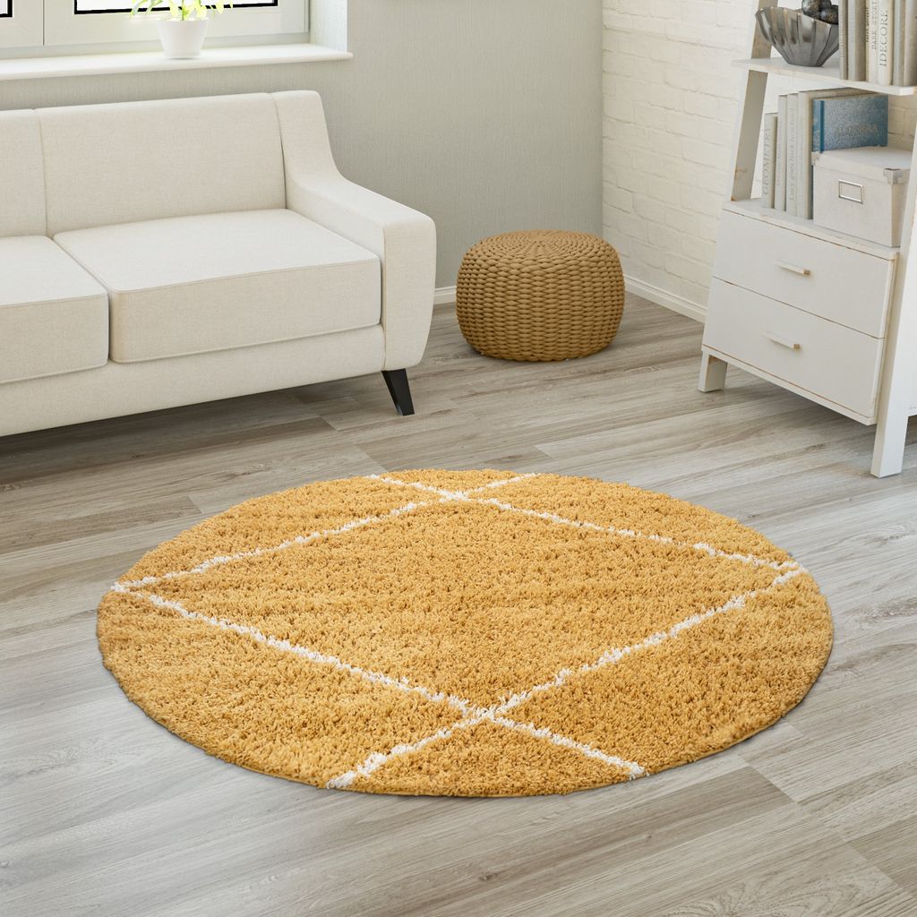 Hochflor Teppich Wohnzimmer Shaggy Langflor Skandinavisches Rauten Muster Grösse 120 cm Rund