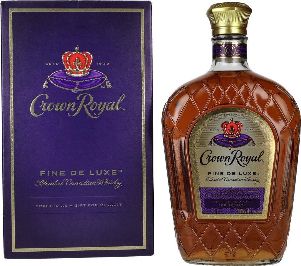 A bottle of Crown Royal Fine De Luxe Blended Canadian Whisky and its accompanying gift box are displayed side-by-side against a white background.