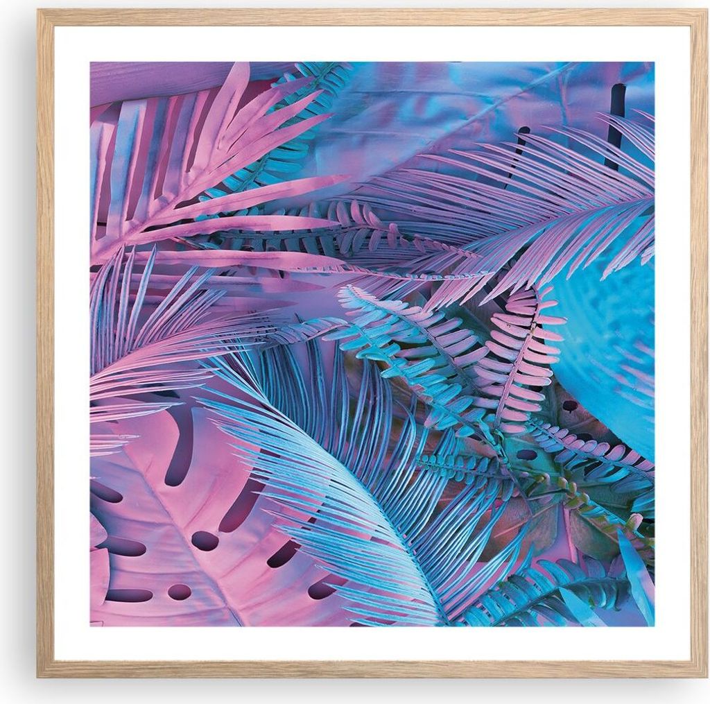 Gerahmtes Poster - Rahmen in heller Eiche - Blätter Rosa Blau - 60x60 cm - Wand Bild - Wanddeko - Wandbilder - Kunstposter - Wandposter - Bilderra...
