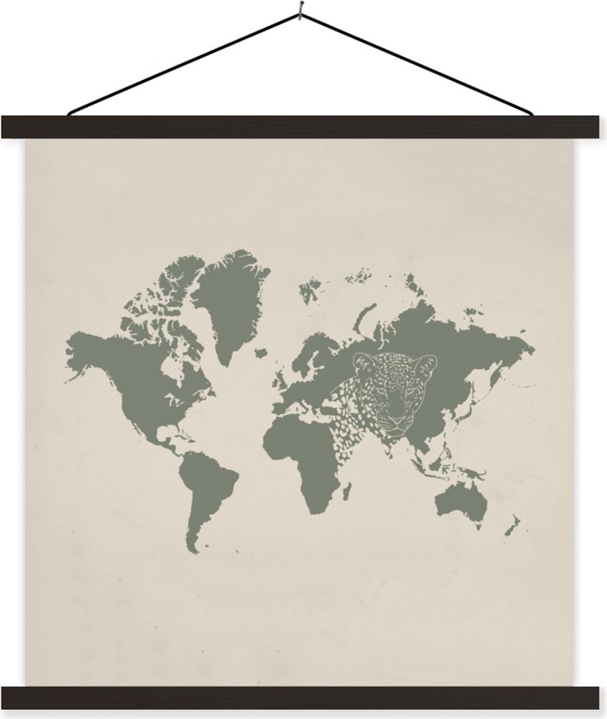 MuchoWow Textilposter Weltkarte - Panther - Grün 60x60 cm mit schwarzem Rahmen - Posteraufhänger