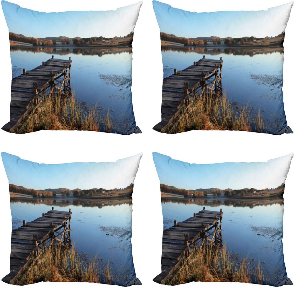 ABAKUHAUS Dock Kissenbezug Set (4 Stück), Ruhige See Idylle Pier, Moderner Doppelseitiger Digitaldruck, 40 cm x 40 cm, Pale Azure Blau Caramel