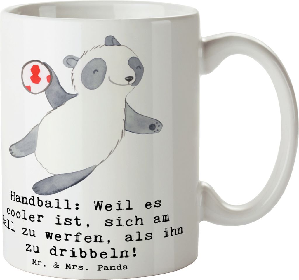 Mr. & Mrs. Panda Kaffeetasse Handball Action - Weiß - Geschenk, Trinkbecher, Teetasse, Teamsport, Becher, Kaffeebecher, Wettbewerbsgeist, Ball wer...