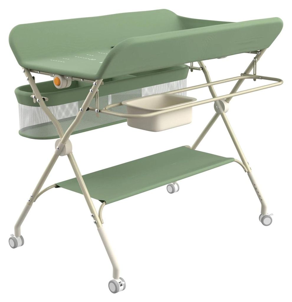Baby Wickeltisch - Tragbar klappbar - Höhenverstellbar 83–91 cm - 11 kg Tragkraft - Wasserbecken - Aufbewahrungskorb - Feststellbare Rollen - Grün