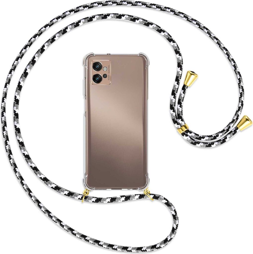 Handykette Backcover-Schutzhülle mit Band (Metall goldfarben) für Motorola Moto G32 (6.5'') - schwarz/grau/weiß