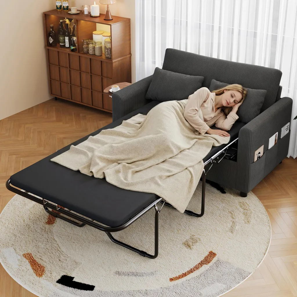 Canapé-lit 2 places Merax convertible gris avec ports USB et table d'appoint