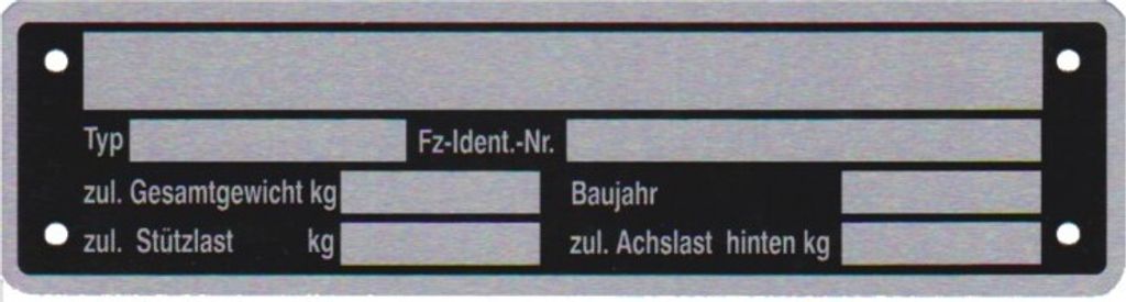 1 x Blanko Typenschild Anhängertypenschild Neutral Anhänger Vers. 2