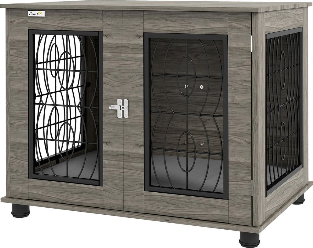 Hundebox mit Liegekissen, bis 20kg/50cm Körperlänge, Metall, 80x56x63cm, Grau/Holzdekor