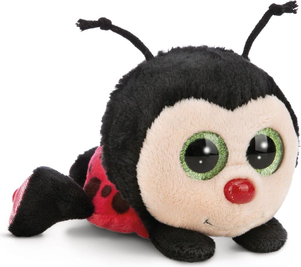 A plush ladybug toy is shown lying on its stomach against a white background.