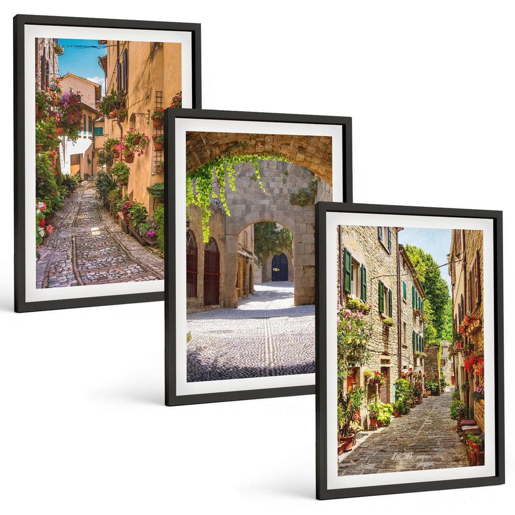 Bilder Set 3-teilig im schwarzen Rahmen – Wandbilder 3 Stück – gerahmte Poster für Wohnzimmer, Schlafzimmer und Flur – 40x60 cm – Italien...