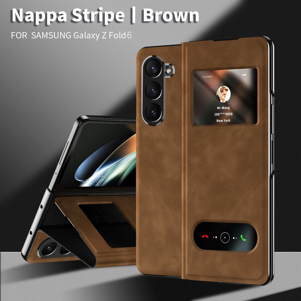 Hülle für Samsung Galaxy Z Fold 6 Schlank Flip Leder View-Fenster Schutzhülle mit Standfunktion Braun