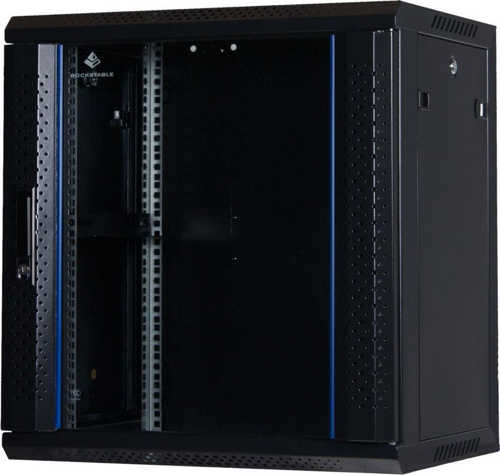 Rockstable 12HE Netzwerkschrank, Serverschrank - 19 Zoll Wandmontage - (BxTxH) 600x440x637mm mit Glastür - Schwarz - Abschließbar - Vormontiert -...