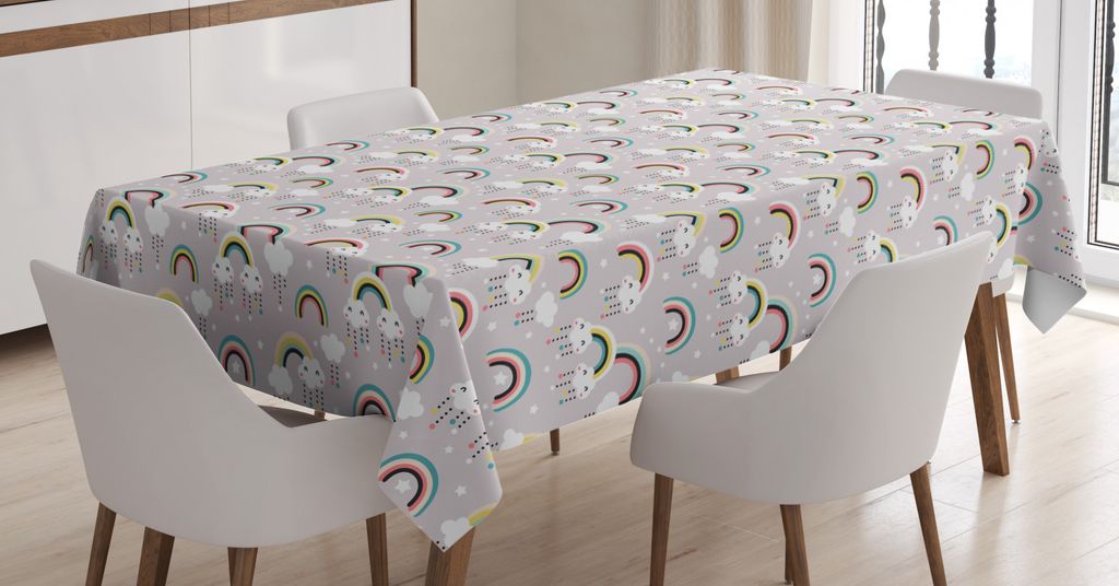 ABAKUHAUS Gekritzel Tischdecke, Surreal Wolken Regenbogen-Stern, Personalisierter Druck mit Klaren Farben Waschbar Wasserfest kein Verblassen, 140 ...