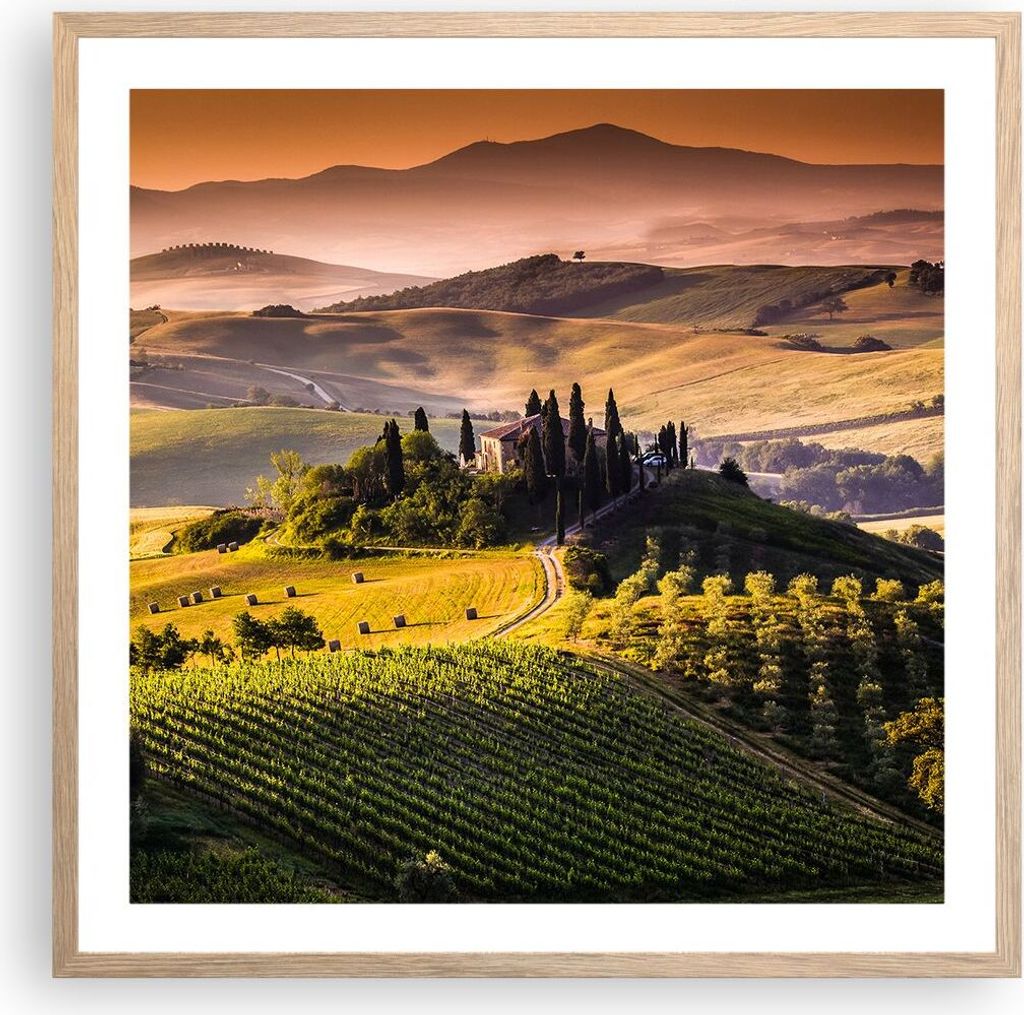 Gerahmtes Poster - Rahmen in heller Eiche - Landwirtschaft Bauernhof Toskana Weinberg - 60x60 cm - Wand Bild - Wanddeko - Wandbilder - Wandposter -...