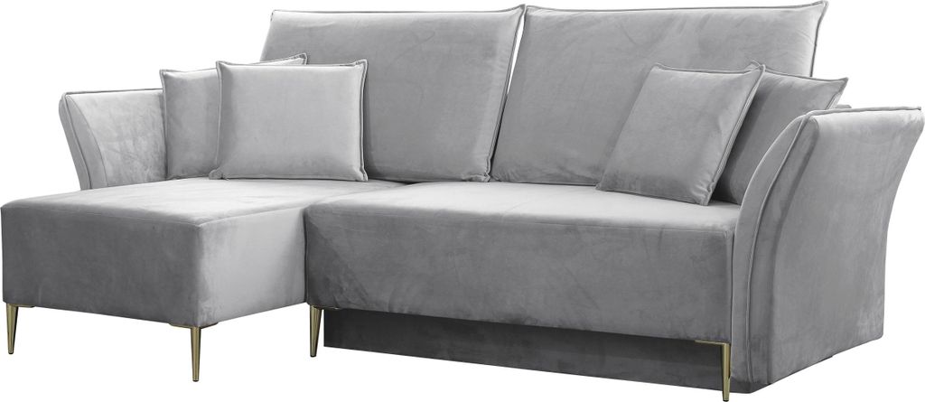 MIRJAN24 Ecksofa Bregi, Stilvoll Wohnzimmer Eckcouch mit Bettkasten und Schlaffunktion (Farbe: Tiffany 15, Füße: Gold)