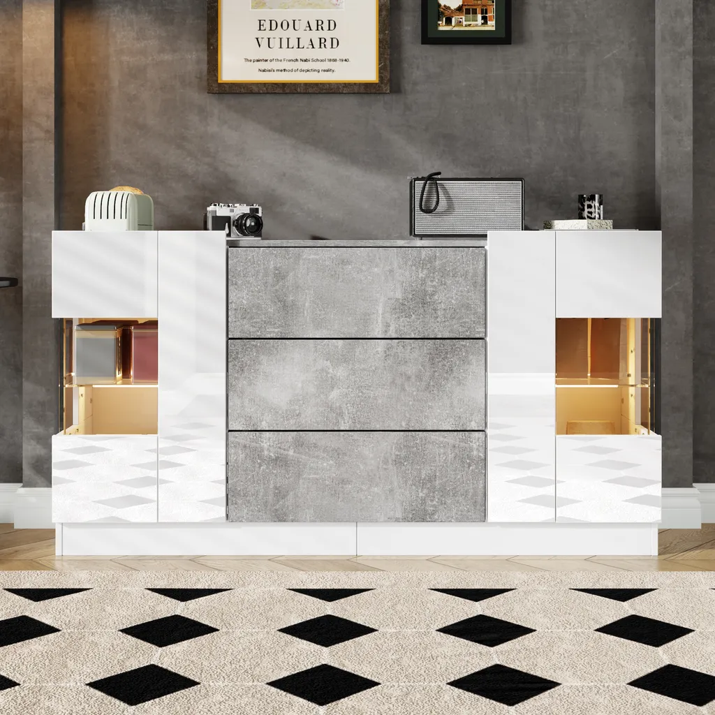 Buffet avec Éclairage LED 16 Couleurs, Meuble de Rangement Blanc 135cm