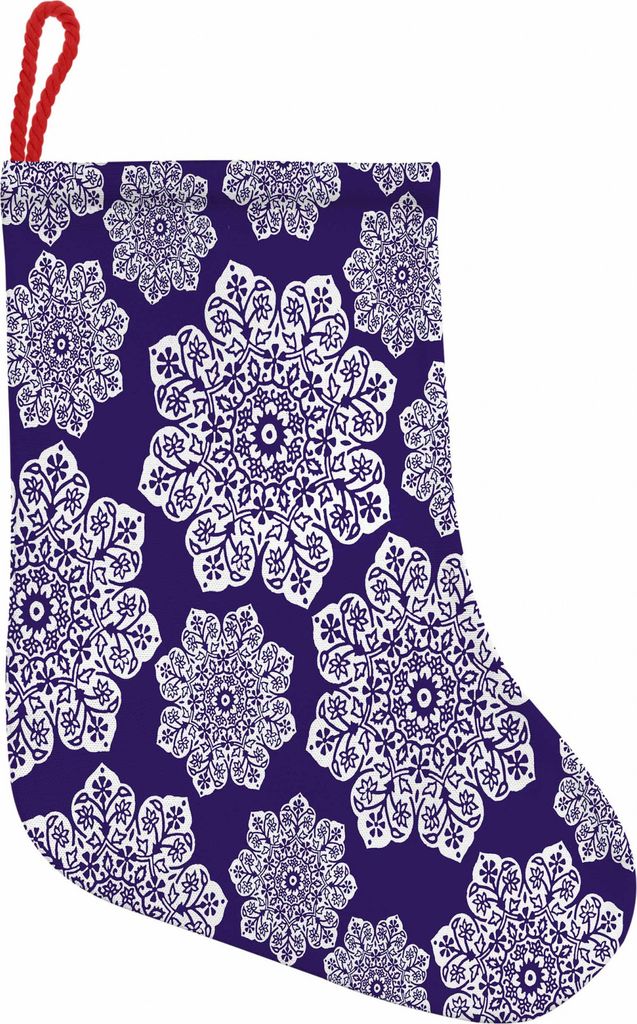ABAKUHAUS Navy blau Hängende Nikolausstiefel Weihnachtssocken, Flora Spitze Schneeflocke, Weihnachtsstrumpf zum Aufhängen, 25x35cm, Blau Weiss