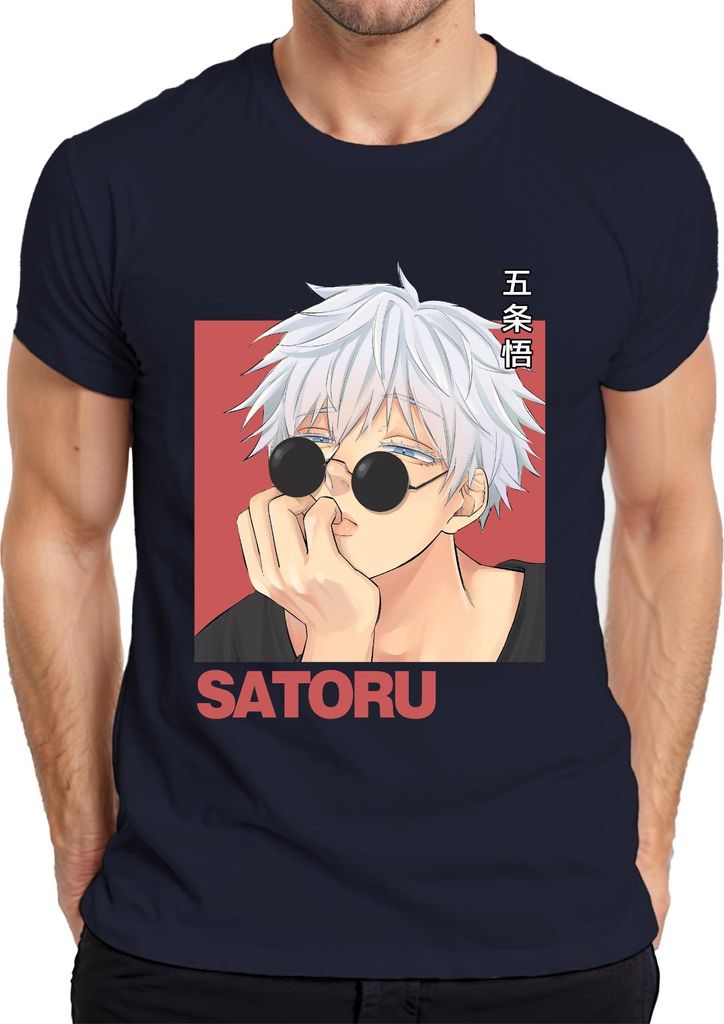 SATORU Gojo Jujutsu Kaisen Anime Sonnenbrille weißes Haar Retro Herren T-Shirt, Navy, XL