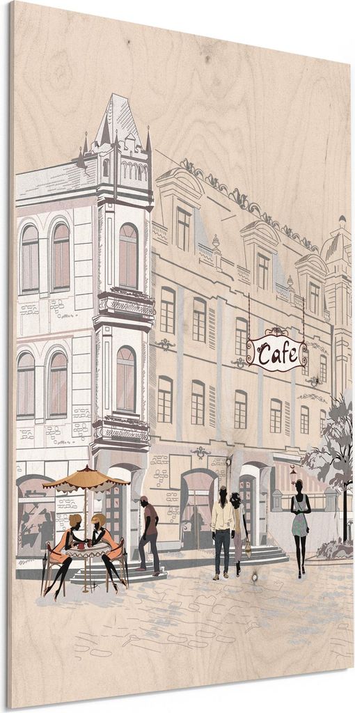 DEQORI Holzbild 40x60 cm 'Innenstadt-Szene' Bild auf Holz Wandbild Kunstdruck nachhaltig