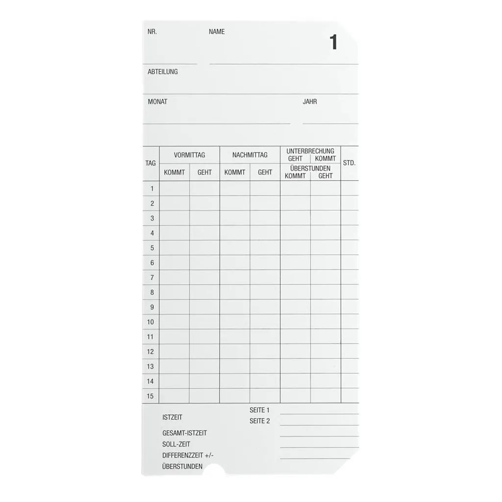 Fiches de pointage pour horodateur Bürk Mobatime Type 2-6 - Paquet de 500