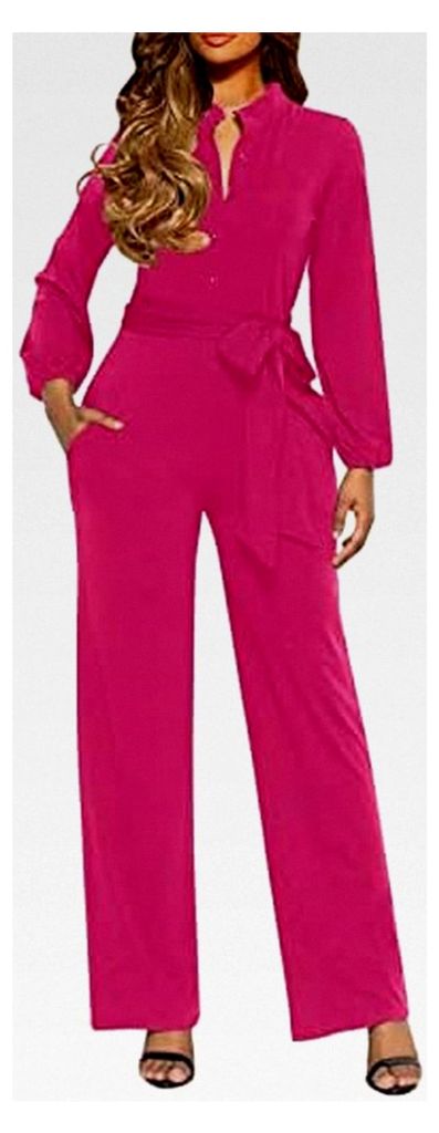 Damen Langarm Jumpsuit mit Rundhalsausschnitt, eleganter Hosenanzug mit weitem Bein und Taschen, hohe Taille