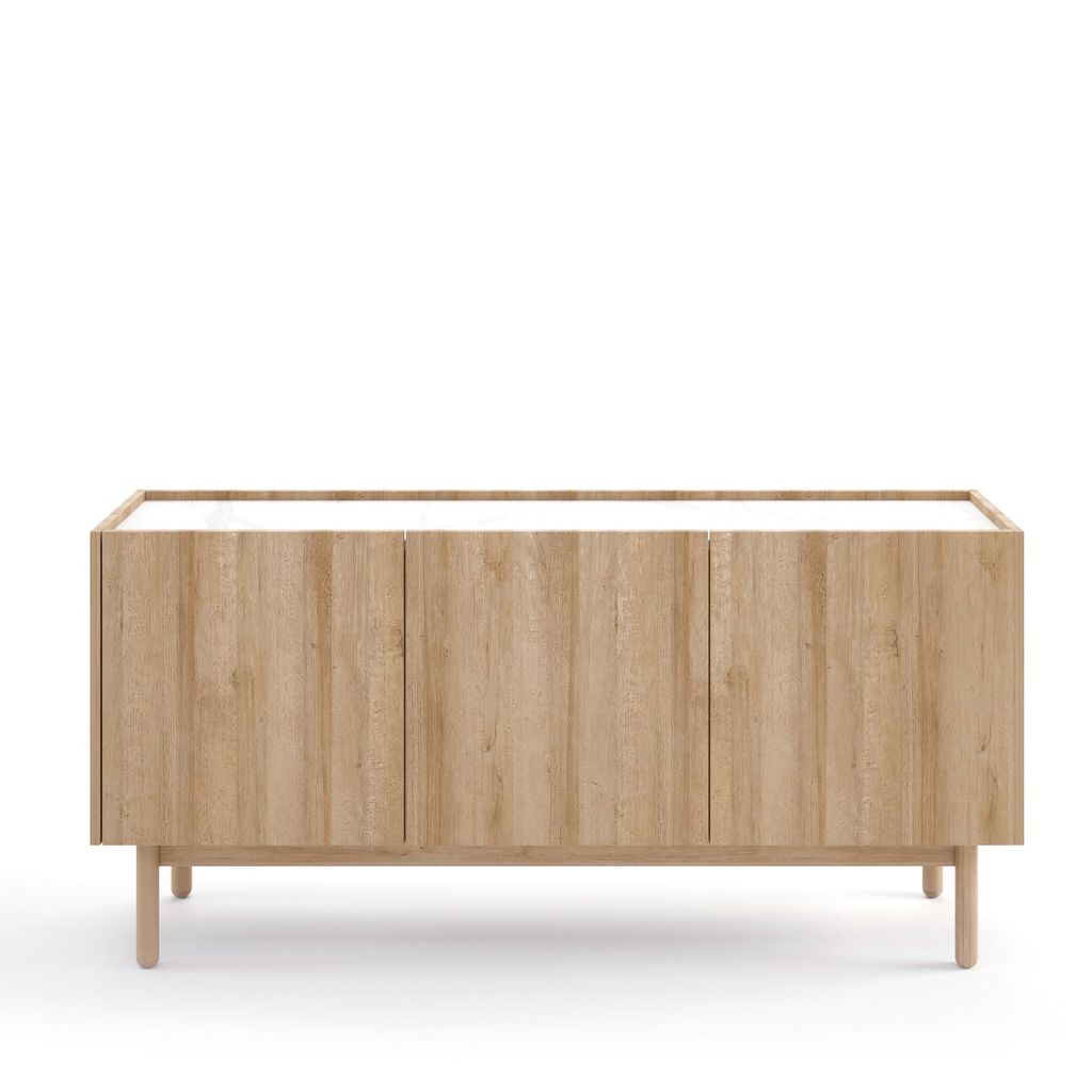 BETTSO Kommode BOHO 144x68 cm Dreitürig Eiche Riviera Weiß Marmor Sideboard mit Holzbeinen Wohnzimmer Flur Schlafzimmer Modern