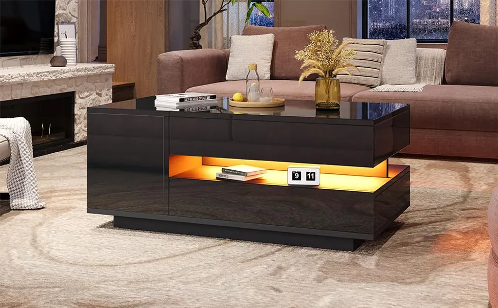 Table Basse Haute Brillance Relevable avec LED et Coffre de Rangement - 6