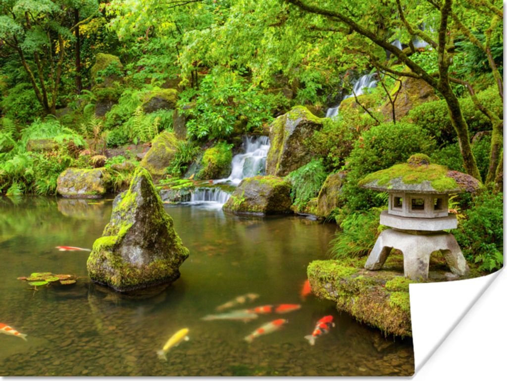 MuchoWow Poster Wasserfall - Koi - Japanische Laterne - Moos - Wasser 40x30 cm - Plakate für die Wände - Poster Wohnzimmer