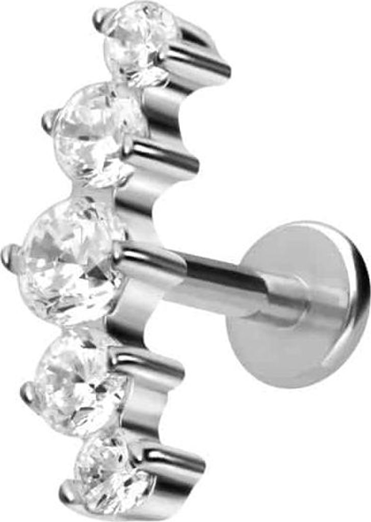 Ohrpiercing, Nasenpiercing Titan Labret mit Innengewinde 5 EINGEFASSTE KRISTALLE Silber Stablänge: 10mm | Stabstärke: 1,6mm