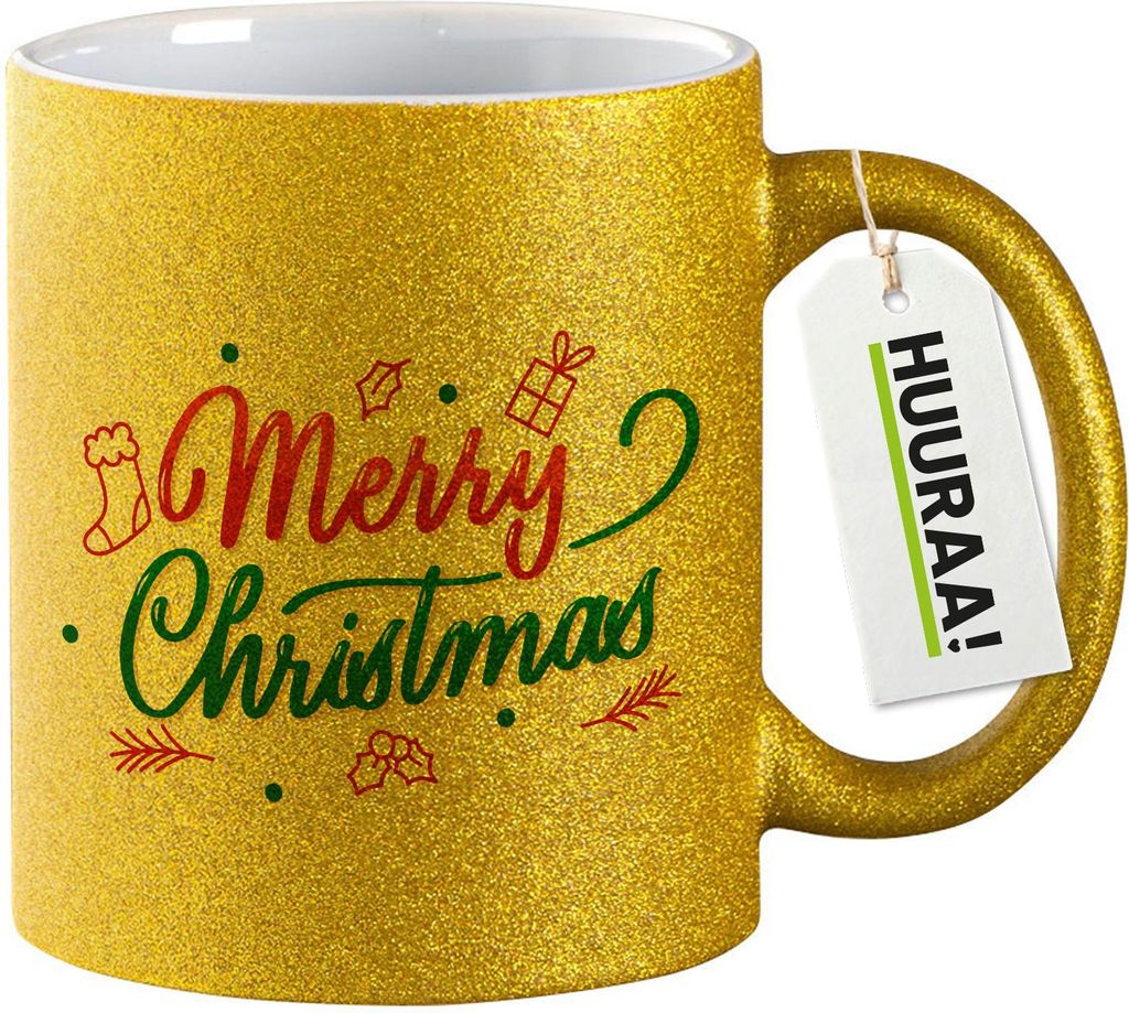 Huuraa Glitzertasse Merry Christmas Grün Rot 330ml Gold Keramik Kaffeebecher Geschenkidee