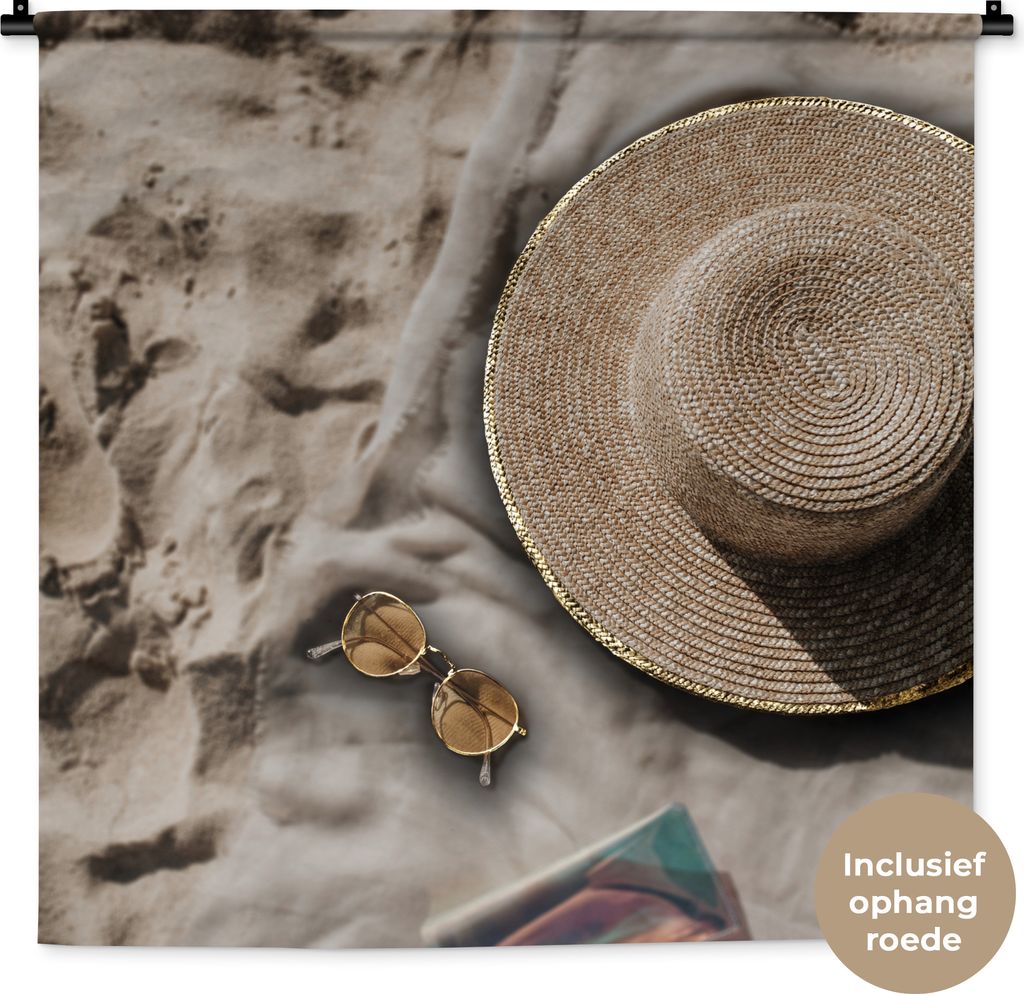 MuchoWow Wandteppich Wandbehang Sommer - Strand - Sonnenbrille - Hut 90x90 cm Tapisserie Dekoration Wandtuch - Wandaufhänger