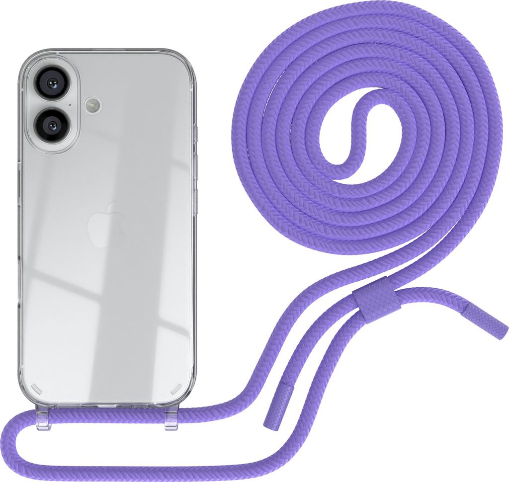 EAZY CASE Handykette für Apple iPhone 16, Clear Case aus Silikon, mit Umhängeband, abnehmbare Endstücke, Handyband in Violett