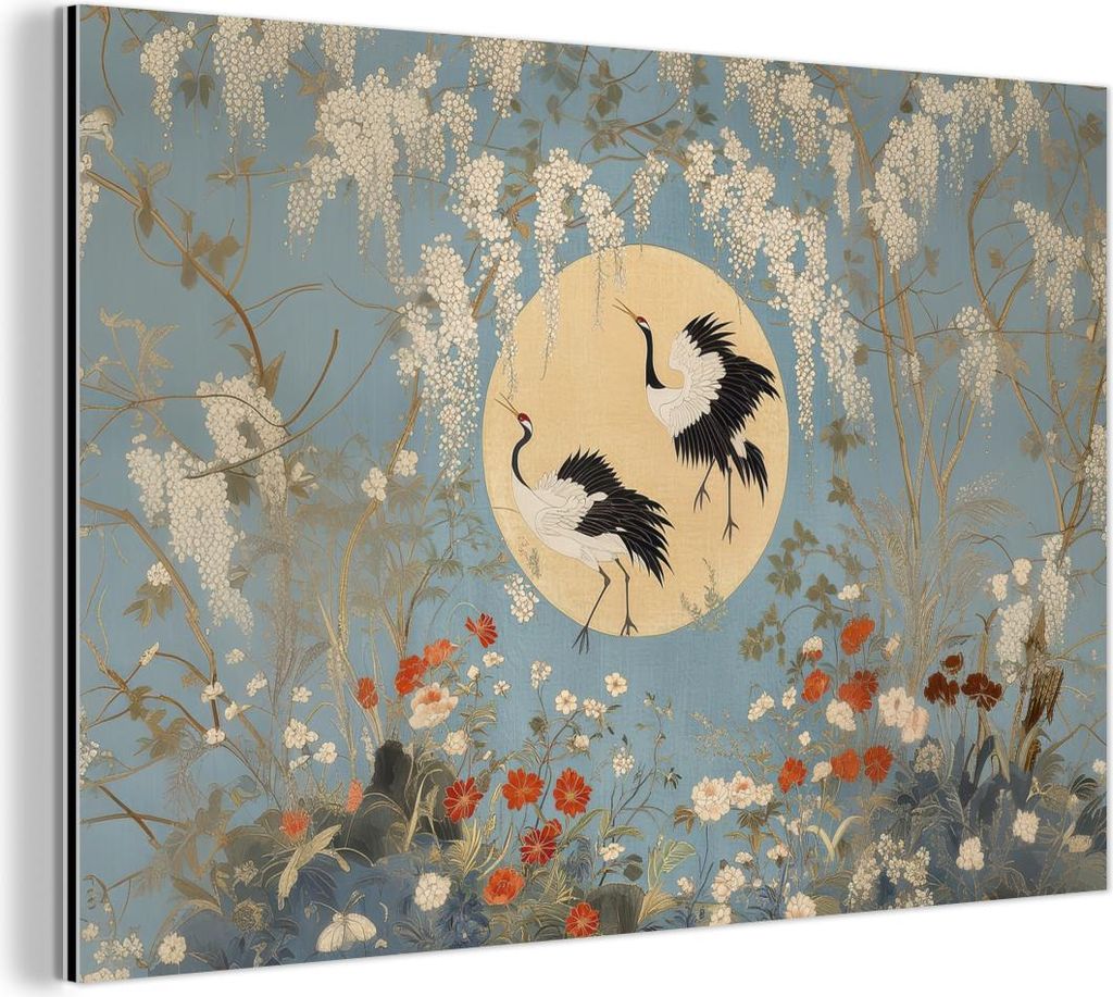 MuchoWow Wanddekoration Metall Metallbild Wandkunst 120x80 cm Kraniche - Mond - Blumen - Blau MuchoWow Aluminium Gemälde - Alu Bild