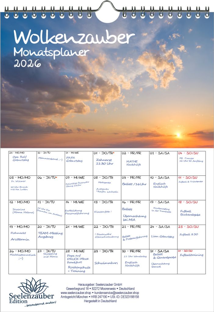 Wolkenzauber Planer DIN A4 Kalender für 2026 Wolken Himmel - Seelenzauber