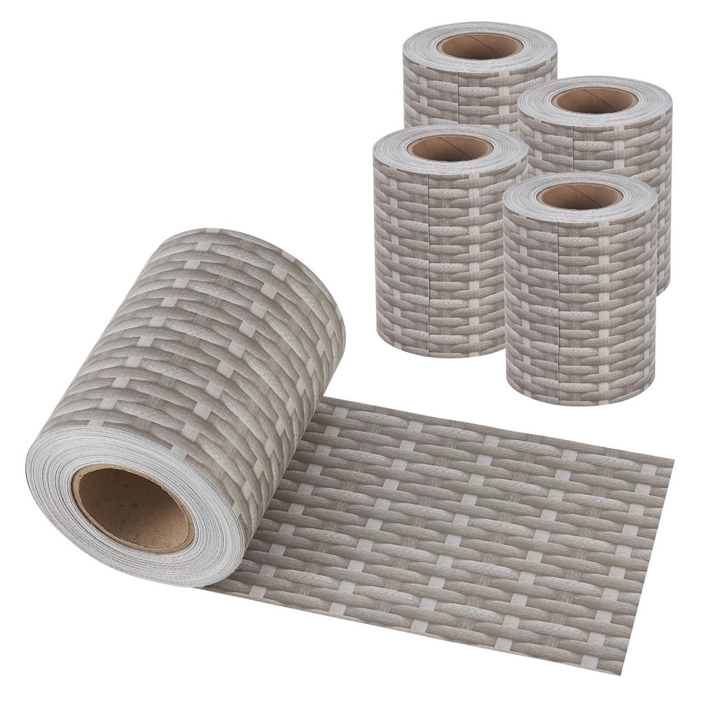 Several rolls of privacy screen film with a rattan pattern are displayed against a white background. One roll is partially unrolled, showing the film's texture and pattern.
