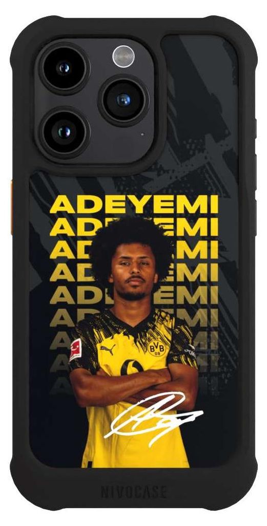 NIVOCASE Hülle für Apple iPhone 15 Pro Stoßfeste Handyhülle NIVOmax Case Schwarz BVB Borussia Dortmund Karim Adeyemi