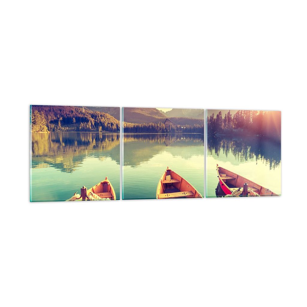 Bilder auf glas - Berge See Boot - 90x30cm - Glasbilder - Wandbilder - Bilder - Kunstdruck - zum Aufhängen bereit - Wanddekoration aus Glas - Glas...