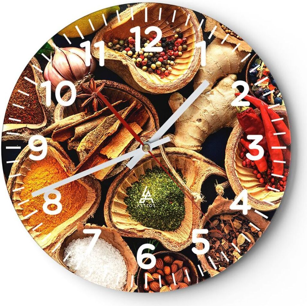 Wanduhr - Rund - Glasuhr - Küche Essen Kräuter Gewürze - 30x30cm - Schleichendes Uhrwerk - Lautlos - zum Aufhängen bereit - Dekoration Modern -...